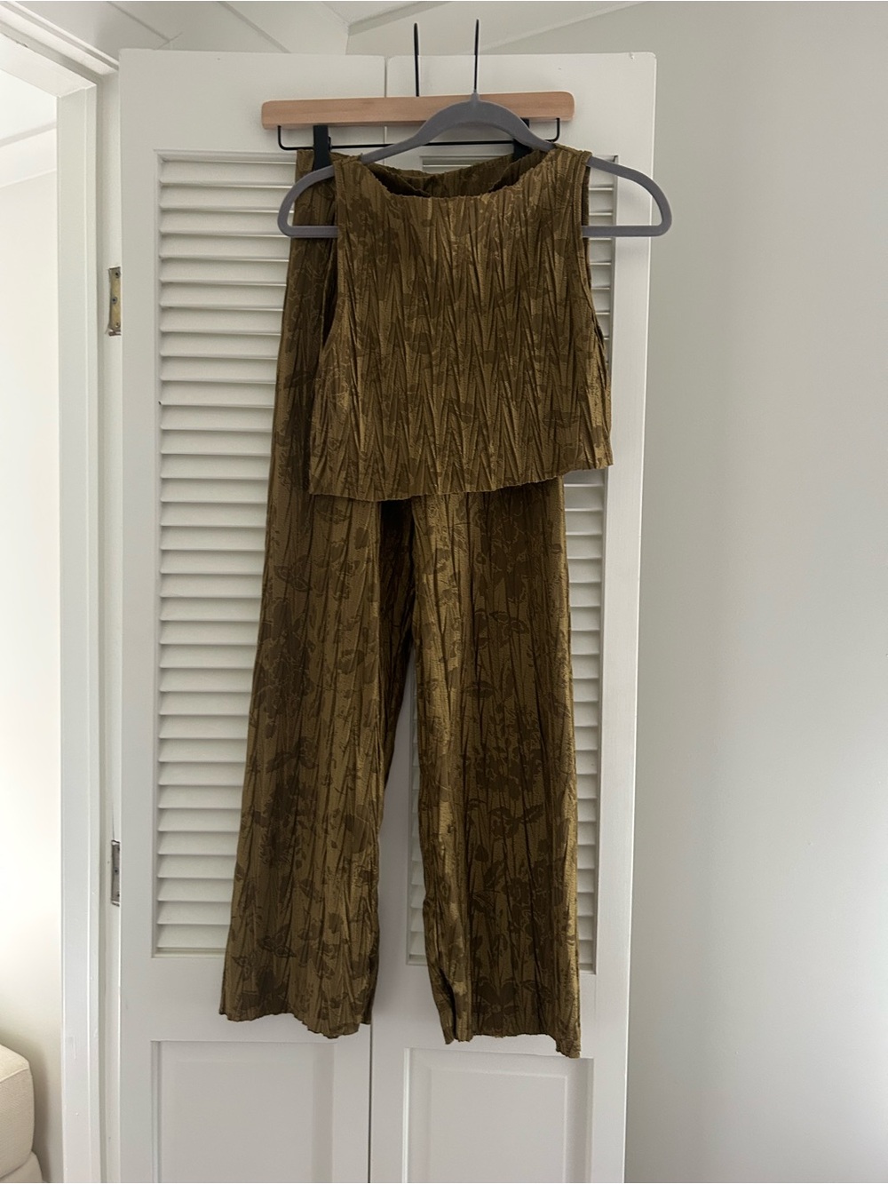 ZARA Matching Set Olive Bronze Jacquard Textured Crop Top Wide Leg Pants Small